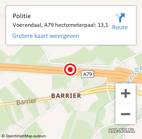 Locatie op kaart van de 112 melding: Politie Voerendaal, A79 hectometerpaal: 13,1 op 21 december 2024 20:47