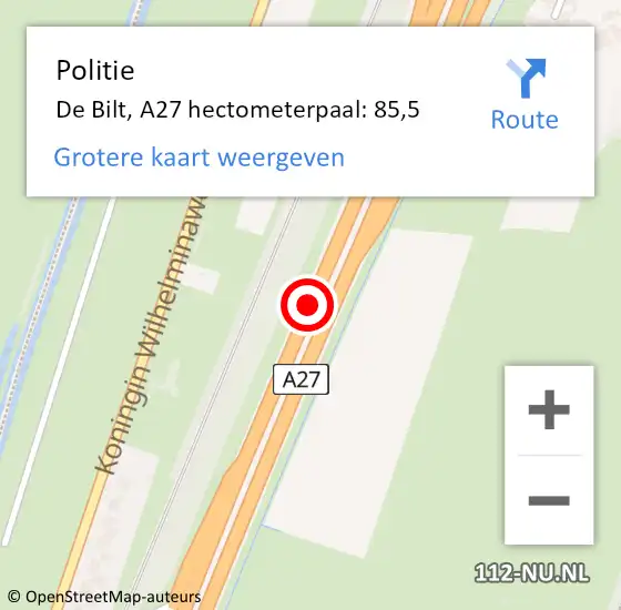 Locatie op kaart van de 112 melding: Politie De Bilt, A27 hectometerpaal: 85,5 op 21 december 2024 21:10