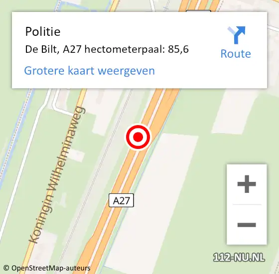 Locatie op kaart van de 112 melding: Politie De Bilt, A27 hectometerpaal: 85,6 op 21 december 2024 21:14