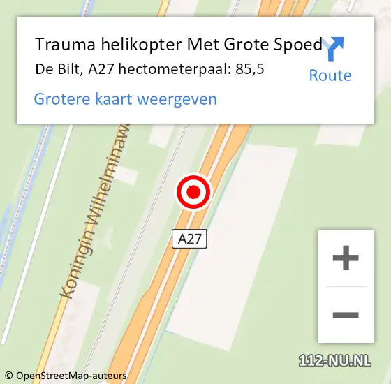 Locatie op kaart van de 112 melding: Trauma helikopter Met Grote Spoed Naar De Bilt, A27 hectometerpaal: 85,5 op 21 december 2024 21:17