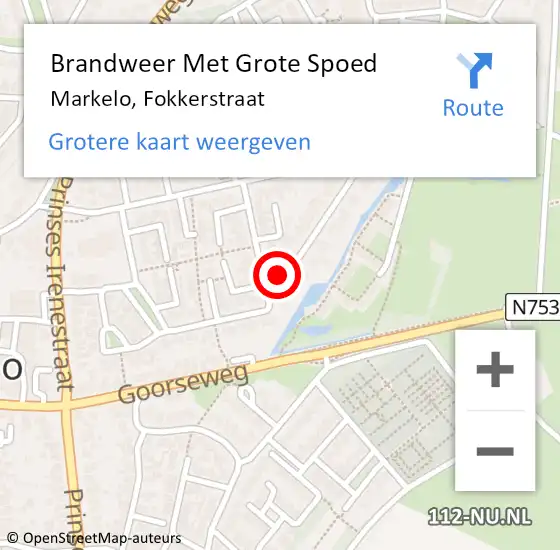 Locatie op kaart van de 112 melding: Brandweer Met Grote Spoed Naar Markelo, Fokkerstraat op 21 december 2024 22:03