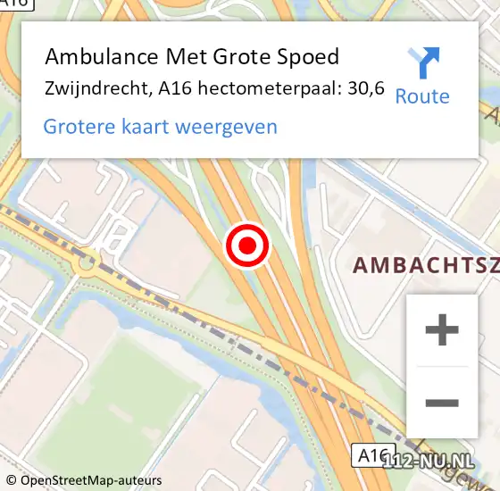 Locatie op kaart van de 112 melding: Ambulance Met Grote Spoed Naar Zwijndrecht, A16 hectometerpaal: 30,6 op 22 december 2024 05:12