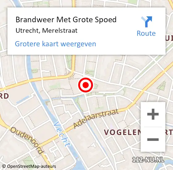 Locatie op kaart van de 112 melding: Brandweer Met Grote Spoed Naar Utrecht, Merelstraat op 22 december 2024 07:26