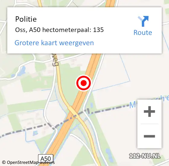 Locatie op kaart van de 112 melding: Politie Oss, A50 hectometerpaal: 135 op 22 december 2024 09:52