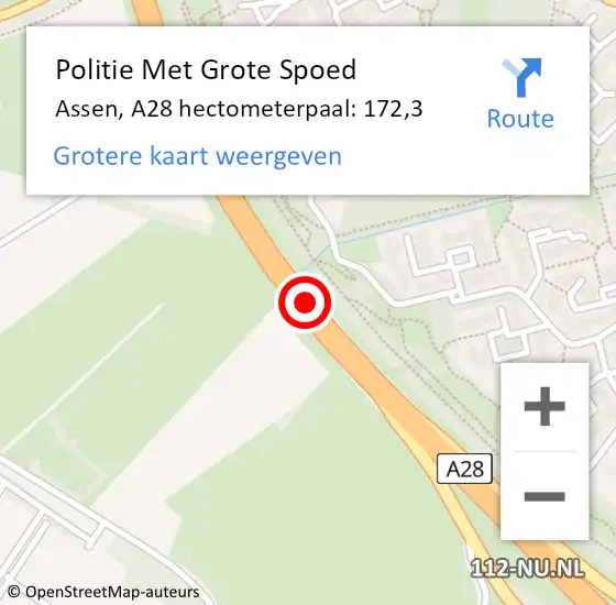 Locatie op kaart van de 112 melding: Politie Met Grote Spoed Naar Assen, A28 hectometerpaal: 172,3 op 22 december 2024 09:55