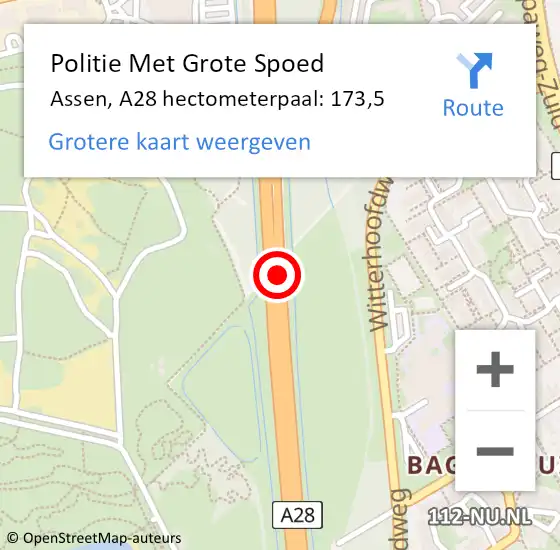 Locatie op kaart van de 112 melding: Politie Met Grote Spoed Naar Assen, A28 hectometerpaal: 173,5 op 22 december 2024 09:59