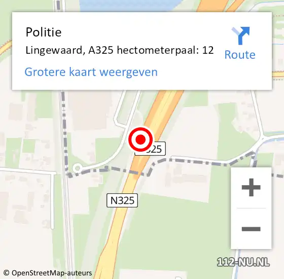 Locatie op kaart van de 112 melding: Politie Lingewaard, A325 hectometerpaal: 12 op 22 december 2024 10:57