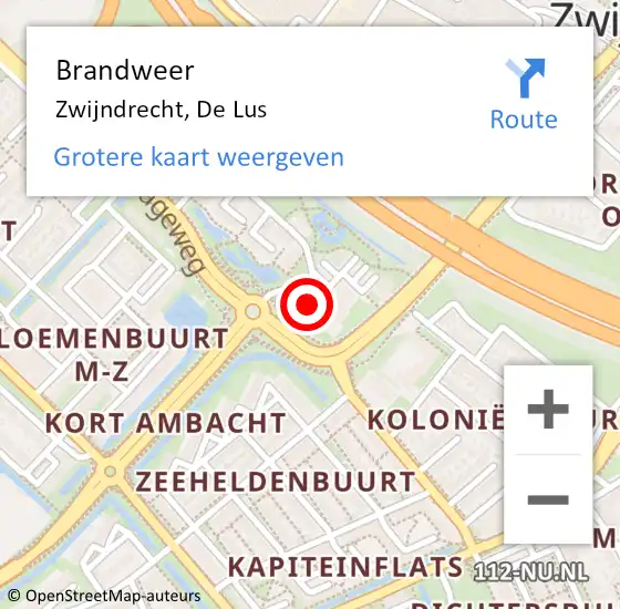 Locatie op kaart van de 112 melding: Brandweer Zwijndrecht, De Lus op 22 december 2024 11:01