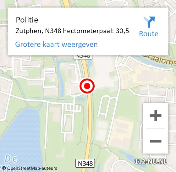 Locatie op kaart van de 112 melding: Politie Zutphen, N348 hectometerpaal: 30,5 op 22 december 2024 11:46