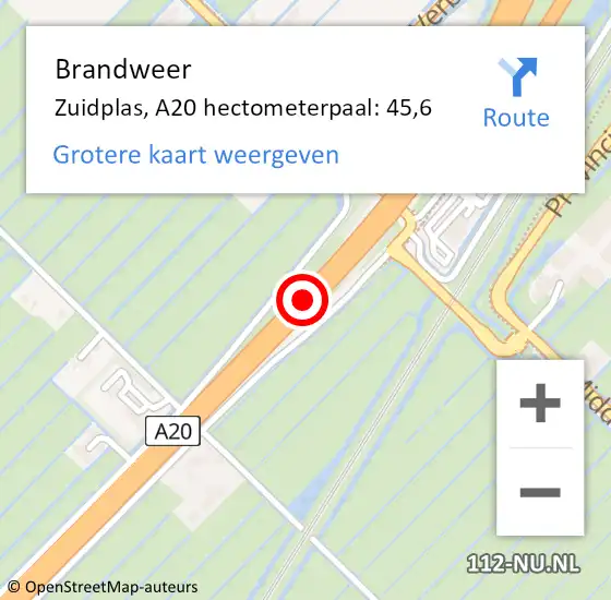 Locatie op kaart van de 112 melding: Brandweer Zuidplas, A20 hectometerpaal: 45,6 op 22 december 2024 12:27