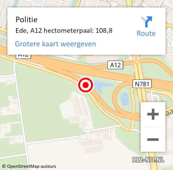 Locatie op kaart van de 112 melding: Politie Ede, A12 hectometerpaal: 108,8 op 22 december 2024 13:46