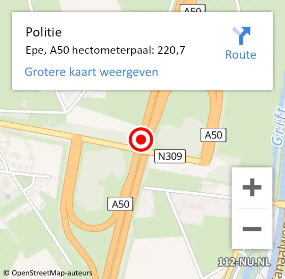 Locatie op kaart van de 112 melding: Politie Epe, A50 hectometerpaal: 220,7 op 22 december 2024 15:51