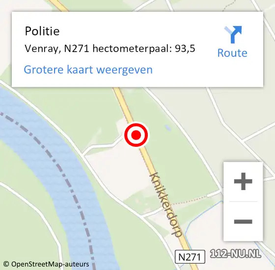 Locatie op kaart van de 112 melding: Politie Venray, N271 hectometerpaal: 93,5 op 22 december 2024 16:04