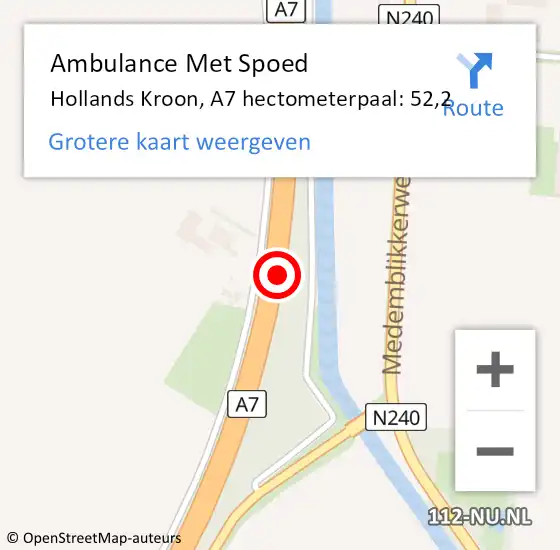 Locatie op kaart van de 112 melding: Ambulance Met Spoed Naar Hollands Kroon, A7 hectometerpaal: 52,2 op 22 december 2024 17:55