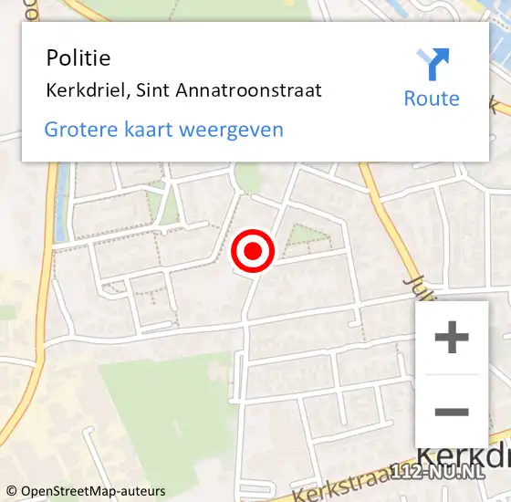 Locatie op kaart van de 112 melding: Politie Kerkdriel, Sint Annatroonstraat op 22 december 2024 20:30