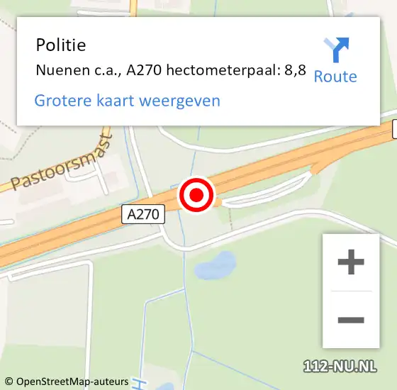 Locatie op kaart van de 112 melding: Politie Nuenen c.a., A270 hectometerpaal: 8,8 op 22 december 2024 21:20