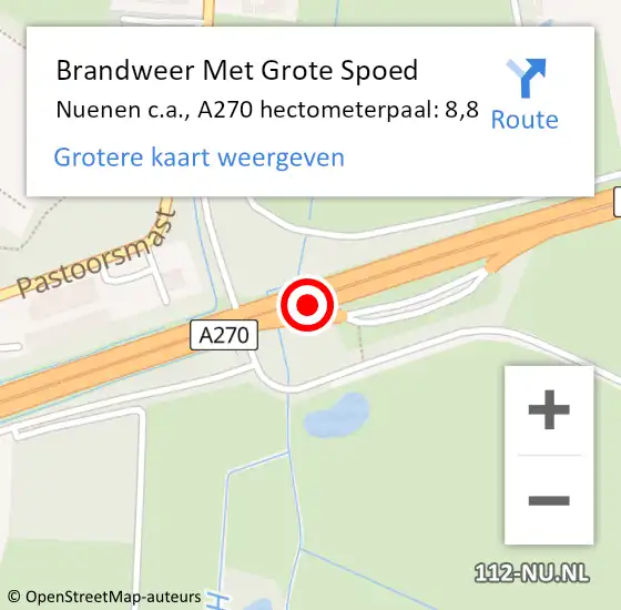 Locatie op kaart van de 112 melding: Brandweer Met Grote Spoed Naar Nuenen c.a., A270 hectometerpaal: 8,8 op 22 december 2024 21:21