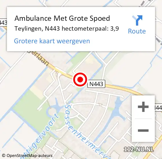 Locatie op kaart van de 112 melding: Ambulance Met Grote Spoed Naar Teylingen, N443 hectometerpaal: 3,9 op 22 december 2024 22:35