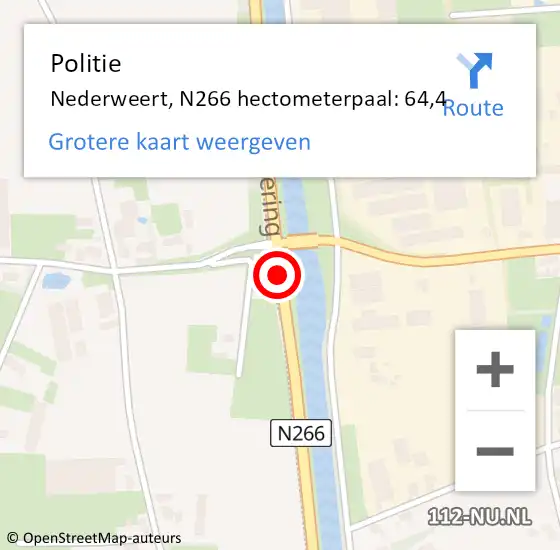 Locatie op kaart van de 112 melding: Politie Nederweert, N266 hectometerpaal: 64,4 op 23 december 2024 00:31