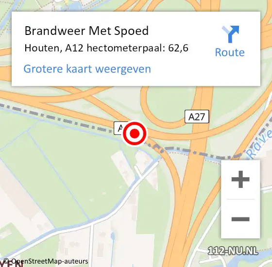 Locatie op kaart van de 112 melding: Brandweer Met Spoed Naar Houten, A12 hectometerpaal: 62,6 op 23 december 2024 09:24