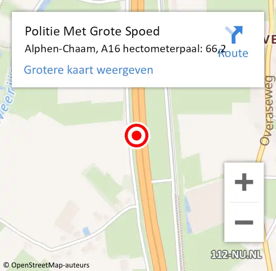 Locatie op kaart van de 112 melding: Politie Met Grote Spoed Naar Alphen-Chaam, A16 hectometerpaal: 66,2 op 23 december 2024 09:35