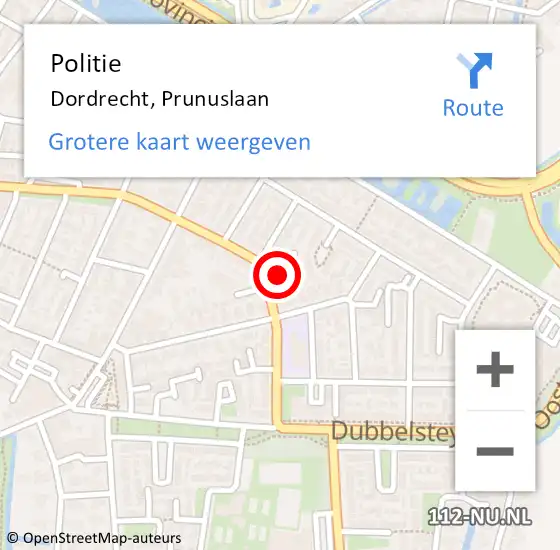 Locatie op kaart van de 112 melding: Politie Dordrecht, Prunuslaan op 23 december 2024 11:38