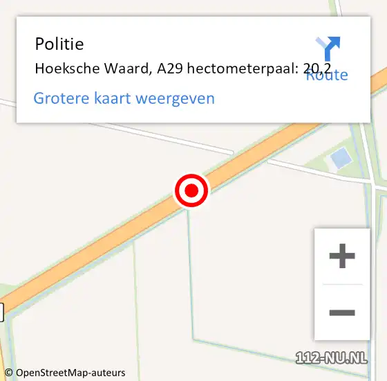 Locatie op kaart van de 112 melding: Politie Hoeksche Waard, A29 hectometerpaal: 20,2 op 23 december 2024 11:50