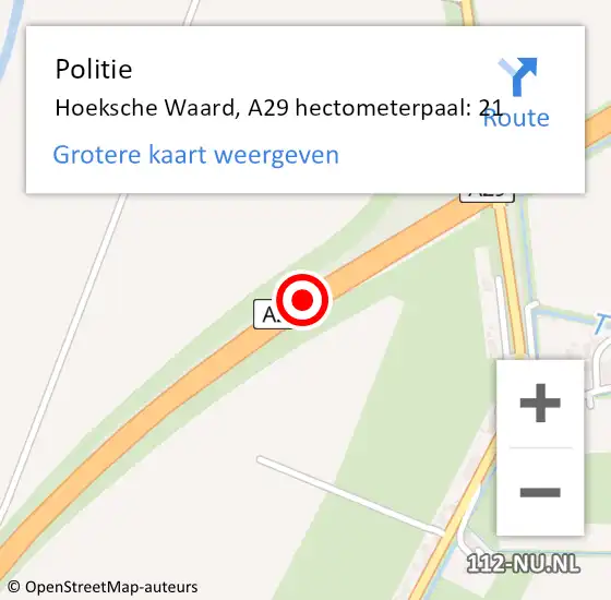 Locatie op kaart van de 112 melding: Politie Hoeksche Waard, A29 hectometerpaal: 21 op 23 december 2024 11:50