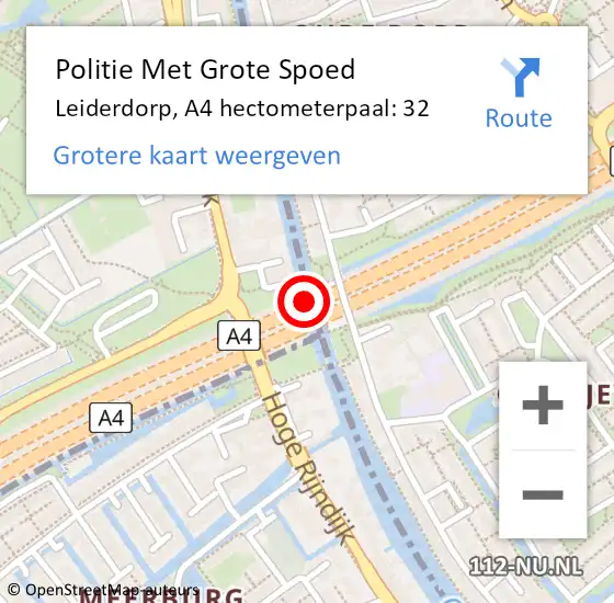 Locatie op kaart van de 112 melding: Politie Met Grote Spoed Naar Leiderdorp, A4 hectometerpaal: 32 op 23 december 2024 12:12