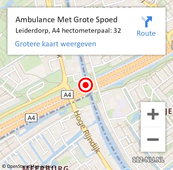 Locatie op kaart van de 112 melding: Ambulance Met Grote Spoed Naar Leiderdorp, A4 hectometerpaal: 32 op 23 december 2024 12:12