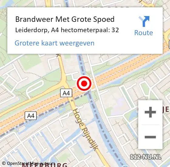 Locatie op kaart van de 112 melding: Brandweer Met Grote Spoed Naar Leiderdorp, A4 hectometerpaal: 32 op 23 december 2024 12:15