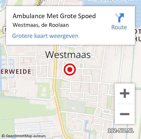 Locatie op kaart van de 112 melding: Ambulance Met Grote Spoed Naar Westmaas, de Roolaan op 23 december 2024 12:35