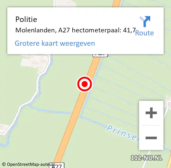 Locatie op kaart van de 112 melding: Politie Molenlanden, A27 hectometerpaal: 41,7 op 23 december 2024 12:44