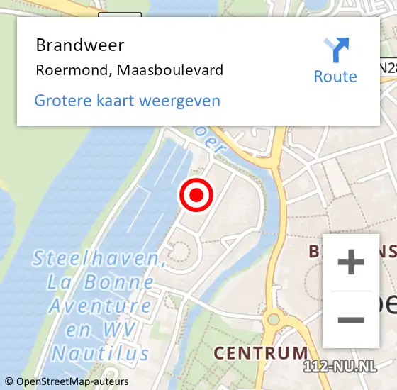 Locatie op kaart van de 112 melding: Brandweer Roermond, Maasboulevard op 23 december 2024 13:34