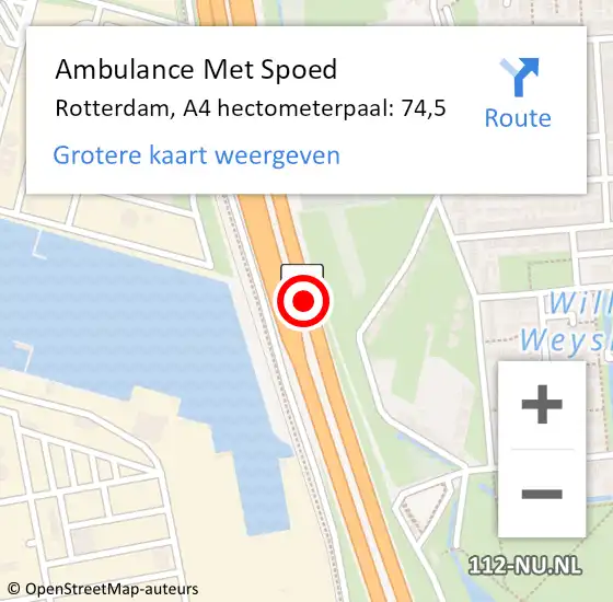 Locatie op kaart van de 112 melding: Ambulance Met Spoed Naar Rotterdam, A4 hectometerpaal: 74,5 op 23 december 2024 13:37