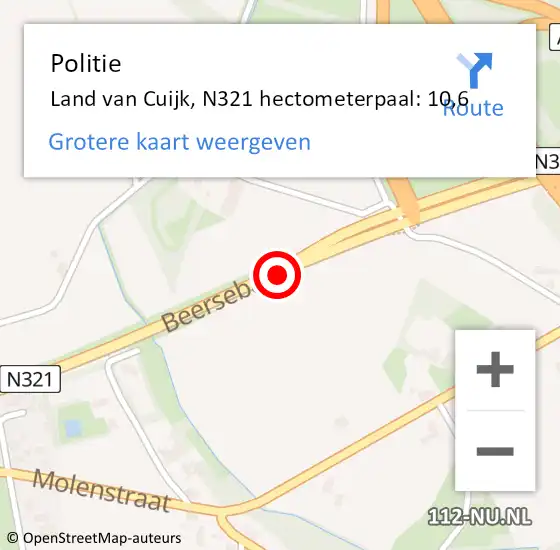 Locatie op kaart van de 112 melding: Politie Land van Cuijk, N321 hectometerpaal: 10,6 op 23 december 2024 14:01