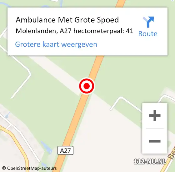 Locatie op kaart van de 112 melding: Ambulance Met Grote Spoed Naar Molenlanden, A27 hectometerpaal: 41 op 23 december 2024 14:44