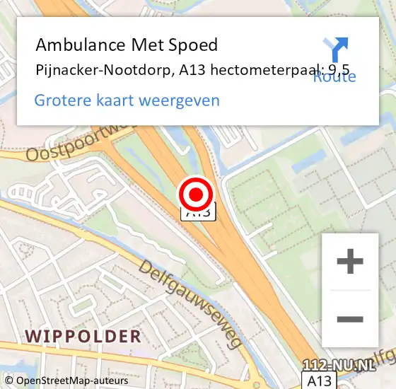 Locatie op kaart van de 112 melding: Ambulance Met Spoed Naar Pijnacker-Nootdorp, A13 hectometerpaal: 9,5 op 23 december 2024 14:56