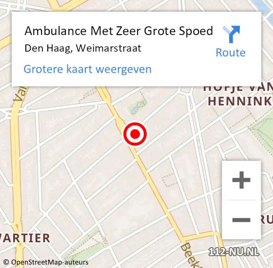 Locatie op kaart van de 112 melding: Ambulance Met Zeer Grote Spoed Naar Den Haag, Weimarstraat op 23 december 2024 15:45