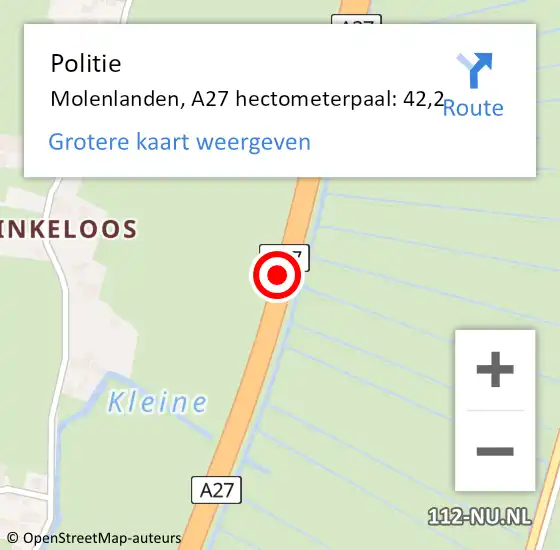 Locatie op kaart van de 112 melding: Politie Molenlanden, A27 hectometerpaal: 42,2 op 23 december 2024 17:55