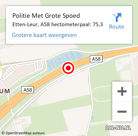 Locatie op kaart van de 112 melding: Politie Met Grote Spoed Naar Etten-Leur, A58 hectometerpaal: 75,3 op 23 december 2024 17:57