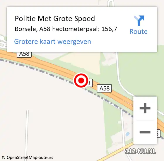 Locatie op kaart van de 112 melding: Politie Met Grote Spoed Naar Borsele, A58 hectometerpaal: 156,7 op 23 december 2024 19:05