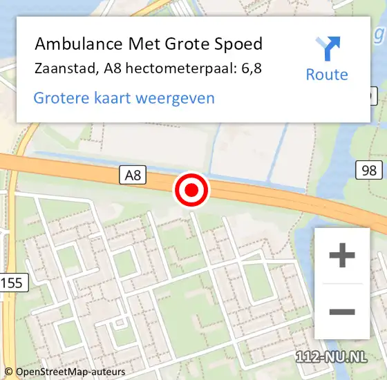 Locatie op kaart van de 112 melding: Ambulance Met Grote Spoed Naar Zaanstad, A8 hectometerpaal: 6,8 op 23 december 2024 23:10