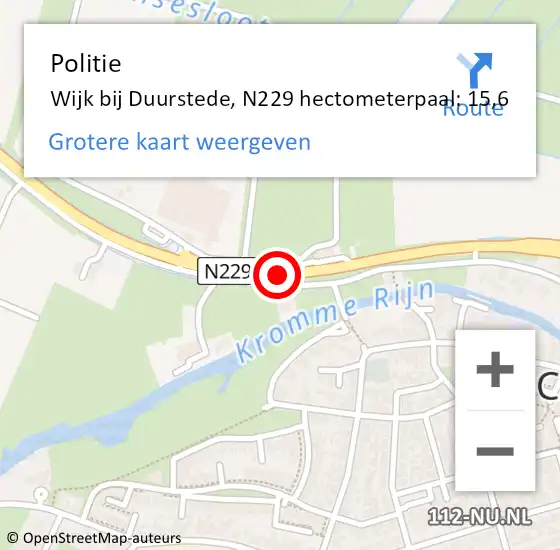 Locatie op kaart van de 112 melding: Politie Wijk bij Duurstede, N229 hectometerpaal: 15,6 op 24 december 2024 00:01