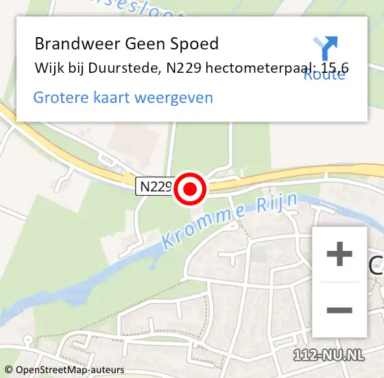 Locatie op kaart van de 112 melding: Brandweer Geen Spoed Naar Wijk bij Duurstede, N229 hectometerpaal: 15,6 op 24 december 2024 00:09