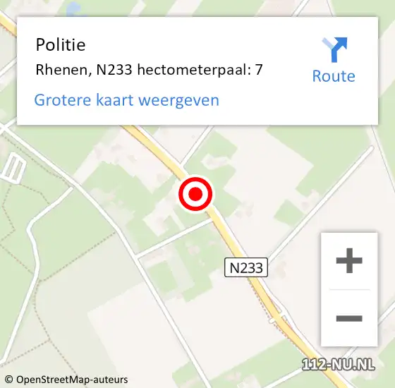 Locatie op kaart van de 112 melding: Politie Rhenen, N233 hectometerpaal: 7 op 24 december 2024 11:02