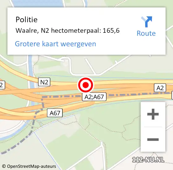 Locatie op kaart van de 112 melding: Politie Waalre, N2 hectometerpaal: 165,6 op 24 december 2024 12:02