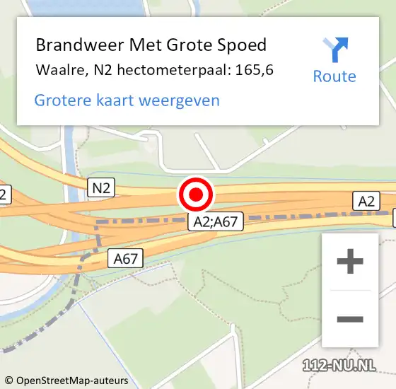 Locatie op kaart van de 112 melding: Brandweer Met Grote Spoed Naar Waalre, N2 hectometerpaal: 165,6 op 24 december 2024 12:02