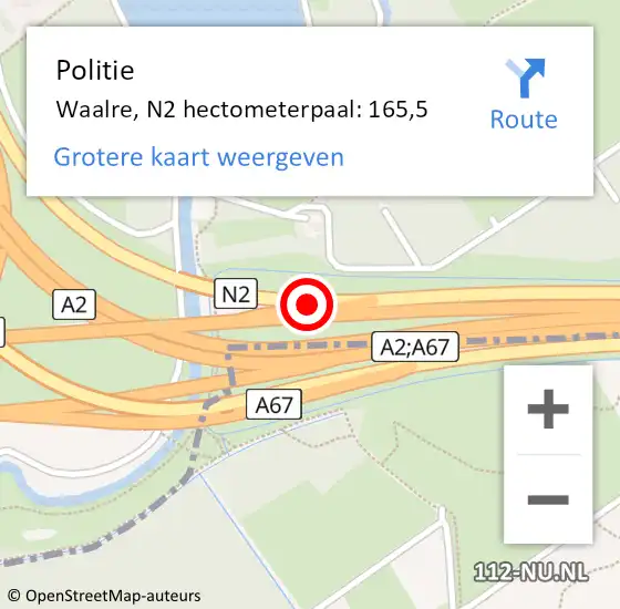 Locatie op kaart van de 112 melding: Politie Waalre, N2 hectometerpaal: 165,5 op 24 december 2024 12:04