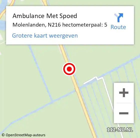 Locatie op kaart van de 112 melding: Ambulance Met Spoed Naar Molenlanden, N216 hectometerpaal: 5 op 24 december 2024 12:37